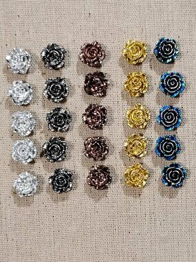 25 Pcs Small Blue Black Gold Silver Bronze Metallic Roses Bulletin Board Pins